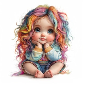 18 Rainbow Hair Girl Clipart, Cute Girl, Quirky Girl, Printable Watercolor,High-Quality JPGs, Paper Craft, Junk Journal, Digital Download