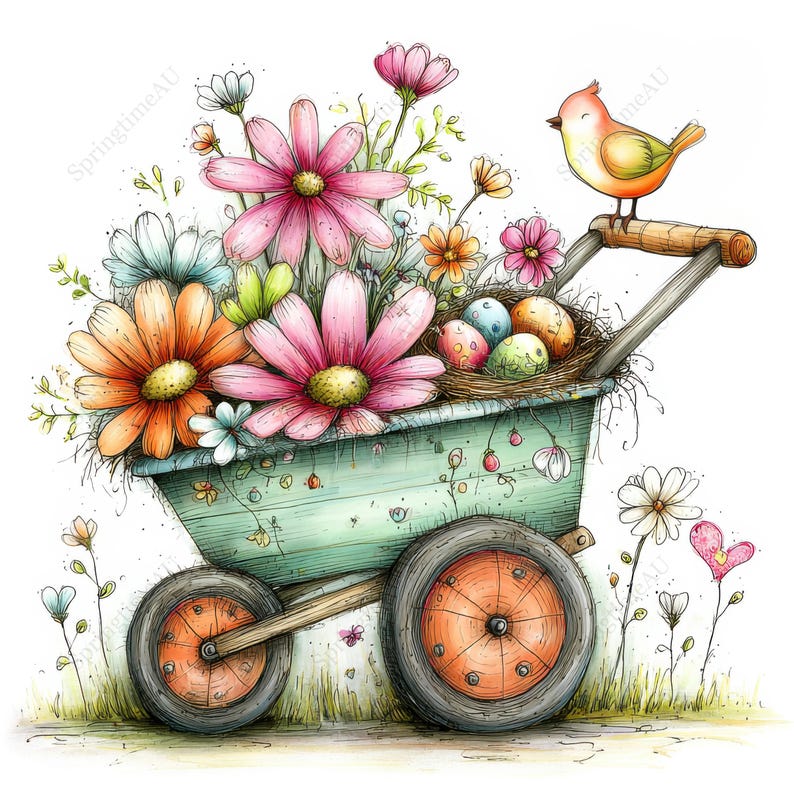 May include: Watercolor illustration of a light green wheelbarrow filled with colorful flowers and a nest with painted eggs. A small orange bird perches on the handle. The wheels are orange.