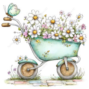May include: Watercolor illustration of a light blue wheelbarrow filled with daisies and other wildflowers. A butterfly rests on the handle. The wheelbarrow is on a brick path, with grass and flowers around it.