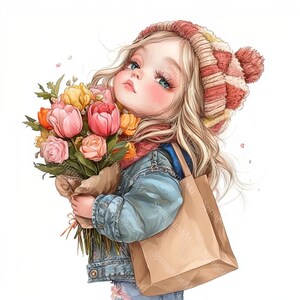 18 Clipart de petite fille mignonne avec des tulipes, tulipe printanière, jolies filles, aquarelle imprimable, fichiers JPG de haute qualité, créations en papier, journal indésirable