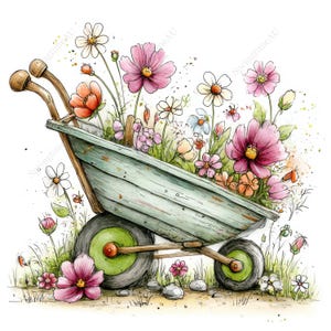 May include: Watercolor illustration of a vintage teal wheelbarrow overflowing with colorful flowers. The flowers include pink, orange, and white blooms, set against a backdrop of green grass and small rocks. The wheelbarrow has wooden handles and green wheels.