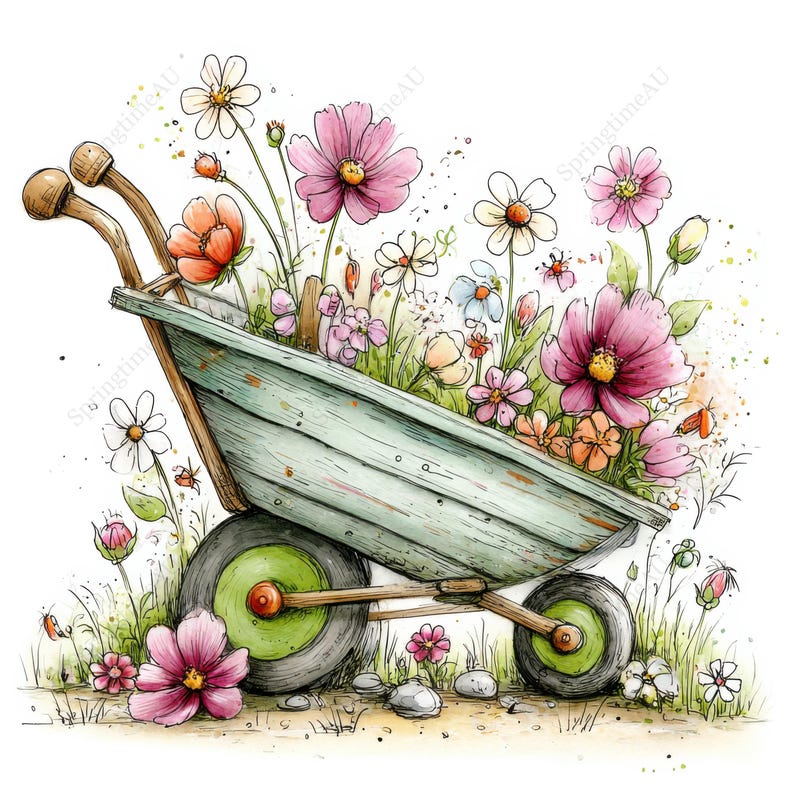 May include: Watercolor illustration of a vintage teal wheelbarrow overflowing with colorful flowers. The flowers include pink, orange, and white blooms, set against a backdrop of green grass and small rocks. The wheelbarrow has wooden handles and green wheels.