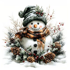 18 Vintage Snowman Clipart, Winter Snowman, Christmas Card, Printable Watercolor, High-Quality JPGs, Papercraft, Junk Journal