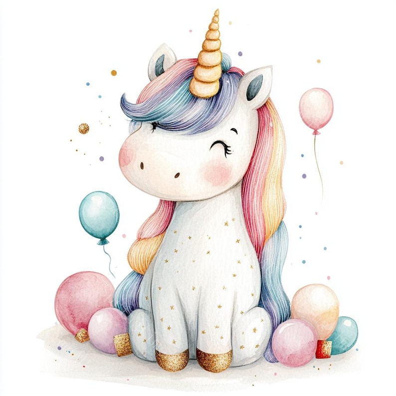 14 Rainbow Unicorn Clipart, Cute Unicorn Clipart, Baby Unicorn, Printable Watercolor, High-Quality JPGs, PaperCraft, Junk Journal