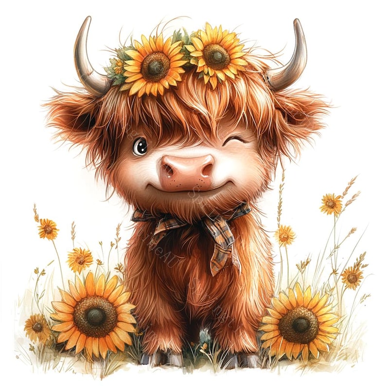 14 Highland Cow Sunflowers Clipart, Baby Highland Cow, Spring Flowers, Printable Watercolor, High-Quality JPGs, Paper Craft, Junk Journal
