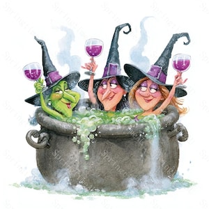 Könnte beinhalten: Eine Aquarellillustration von drei Hexen mit spitzen schwarzen Hüten mit violetten Bändern, die in einem großen grauen Kessel mit blubbernder grüner Flüssigkeit sitzen. Jede Hexe hält ein Weinglas mit violettem Wein, das sie zum Toast erhebt.