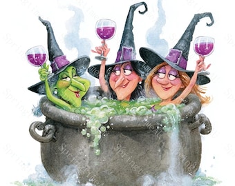 13 imágenes prediseñadas de Halloween con brujas caprichosas y vino, caldero de dibujos animados para fiesta (jpg), diseño de pegatina por sublimación, descarga digital.