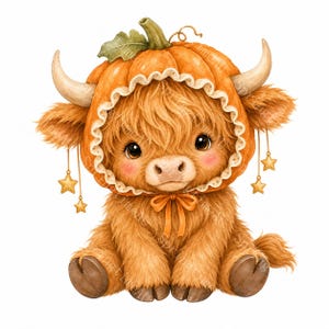 May include: A fluffy brown Highland cow illustration wearing an orange pumpkin hat with a scalloped white trim and a bow. The cow has curved horns, large dark eyes, and pink cheeks. Two dangling gold star charms hang from each side of the hat.