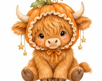 16 imágenes prediseñadas de vaca de las Tierras Altas disfrazada de calabaza, lindo paquete de vaca otoñal para Halloween, JPG de acuarela, arte de vaca pastel del oeste para sublimación y manualidades