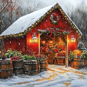 18 Winter Countryside View Clipart, Christmas Cart Barn Village Clipart, Printable Watercolor, High-Quality JPGs, PaperCraft, Junk Journal