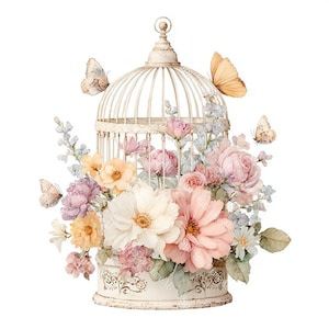 20 Clipart di gabbie per uccelli floreali, gabbie per uccelli floreali vintage, uccelli con fiori, acquerelli stampabili, JPG di alta qualità, creazioni di carta, diario di scarto