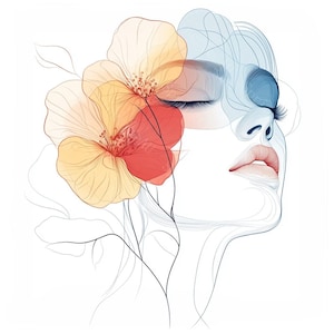 15 imágenes prediseñadas de rostros de mujeres con flores, abstractas coloridas, delicadas líneas artísticas, minimalistas, acuarelas imprimibles, archivos JPG de alta calidad, manualidades con papel, diario basura