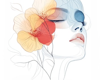 15 Floral Woman Face Clipart, Colorful Abstract, Delicate Line Art,Minimalist,Printable Watercolor,High-Quality JPGs,PaperCraft,Junk Journal