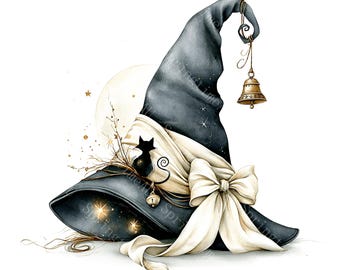 22 mystiska häxhatt-clipart, akvarell-JPG, fantasy-häxillustrationer, nyckfullt Cottagecore Halloween-väggkonstpaket