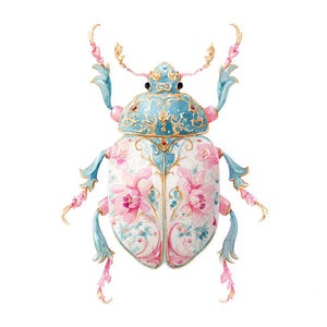 Könnte beinhalten: Aquarellillustration eines dekorativen Käfers. Der Käfer hat einen hellblauen Kopf und Beine mit goldenen Akzenten. Der Körper ist weiß mit rosa Blumenmustern und blauen und rosa Akzenten.