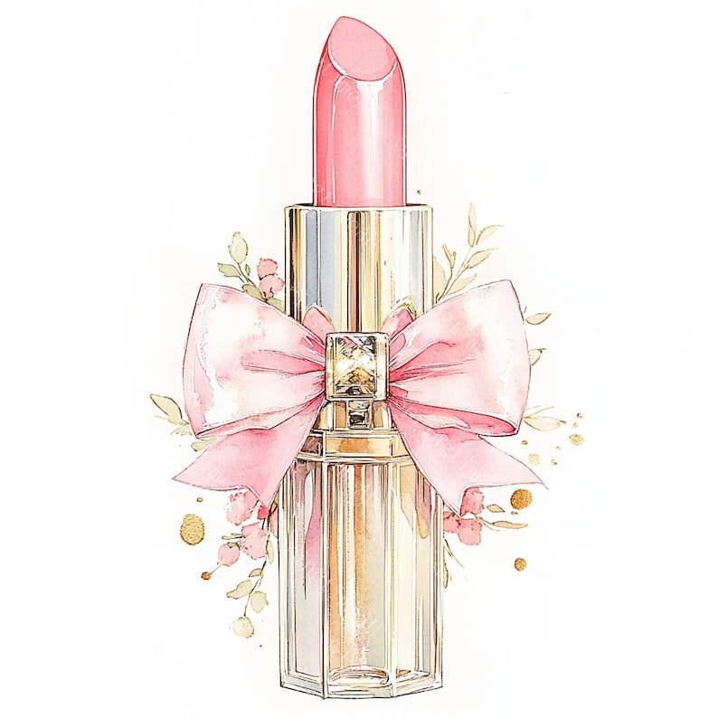 20 Pink Lipstick with Bow Clipart, Makeup Clipart, Feminine Cosmetics, Printable Watercolor, High-Quality JPGs, Paper Craft, Junk Journal