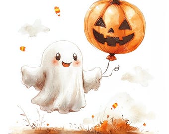 20 adorables fantasmas espeluznantes con calabazas, imágenes prediseñadas de Halloween, acuarela imprimible, JPG de alta calidad, manualidades de papel, diario basura