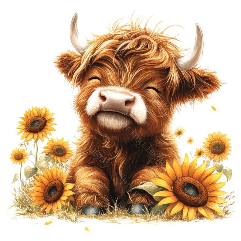 14 Highland Cow Sunflowers Clipart, Baby Highland Cow, Spring Flowers, Printable Watercolor, High-Quality JPGs, Paper Craft, Junk Journal
