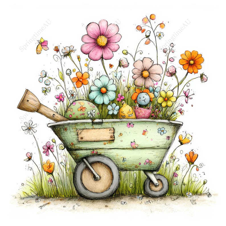 May include: A whimsical illustration of a green wheelbarrow overflowing with colorful flowers. The flowers include pink, orange, blue, and yellow blooms. Butterflies and small cartoon characters are also present, creating a cheerful garden scene.