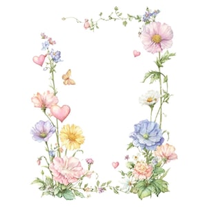 May include: Watercolor floral frame featuring a variety of flowers in shades of pink, purple, yellow, and blue. The design includes small pink hearts and a butterfly, all set against a white background. The flowers are arranged in a rectangular shape.
