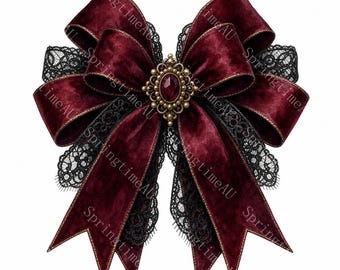 16 Deep Red Gothic Bow Clipart, Dark Coquette Velvet Bows, Watercolor JPG, Halloween Ribbon Graphics, Digital Download, Commercial Use