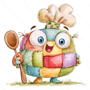 Peut inclure: Une créature ronde en patchwork avec de grands yeux bleus et un large sourire, portant une toque de chef. Le corps est composé de divers carrés de tissu colorés cousus ensemble. Elle tient une cuillère en bois et se tient sur de l'herbe verte.