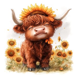 14 Highland Cow Sunflowers Clipart, Baby Highland Cow, Spring Flowers, Printable Watercolor, High-Quality JPGs, Paper Craft, Junk Journal