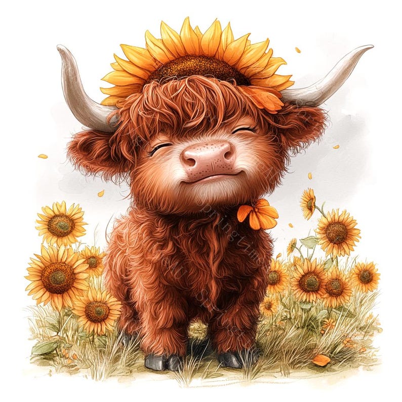 14 Highland Cow Sunflowers Clipart, Baby Highland Cow, Spring Flowers, Printable Watercolor, High-Quality JPGs, Paper Craft, Junk Journal