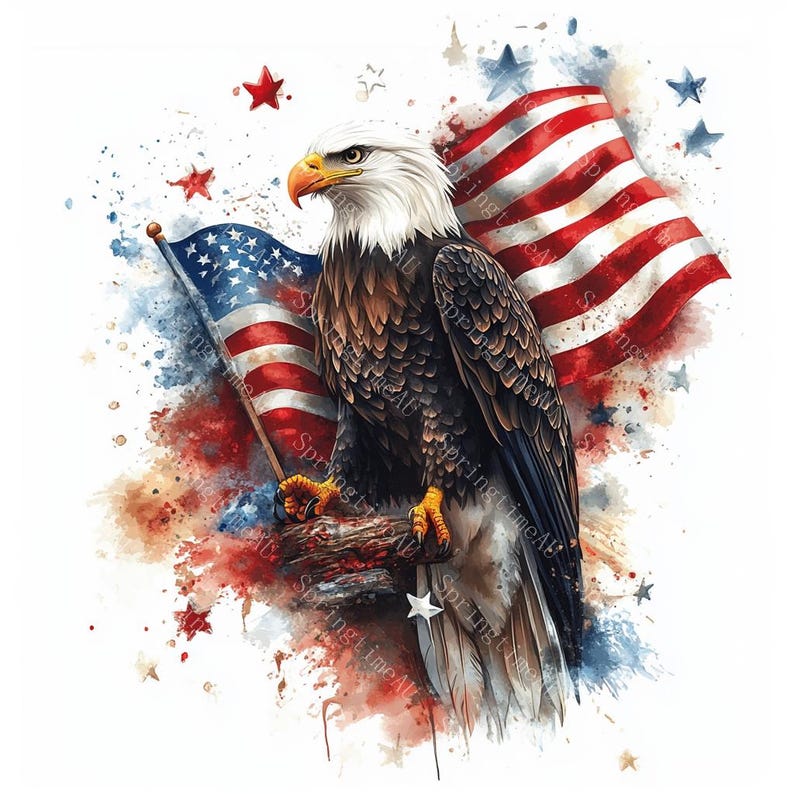 20 Patriotic Bald Eagle Clipart, USA Flag, Independence Day, 4th of July, Printable Watercolor, High-Quality JPGs, Papercraft, Junk Journal