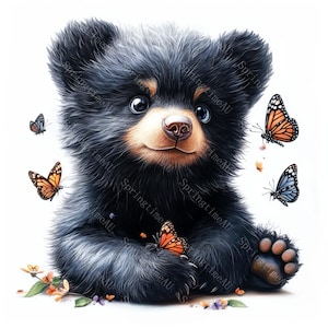 May include: A cute black bear cub with a light brown muzzle and big, friendly eyes. The bear is surrounded by orange and blue butterflies and small flowers. The image has a soft, whimsical style, perfect for children's decor or art prints.