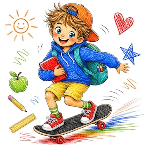 Könnte beinhalten: Eine Cartoon-Illustration eines Kindes mit braunen Haaren, das eine orangefarbene Kappe, einen blauen Kapuzenpullover, gelbe Shorts und rote Turnschuhe trägt und auf einem Skateboard fährt. Es trägt einen grünen Rucksack und ein rotes Buch bei sich.