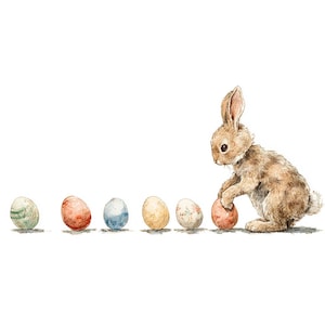 Può includere: Illustrazione ad acquerello di un coniglio marrone che sistema uova di Pasqua colorate. Le uova sono nelle tonalità di verde, rosso, blu, giallo e rosa. Il coniglio è posizionato sul lato destro dell'immagine.