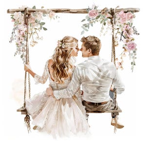 18 Bride and Groom on Swing Clipart, Wedding Clipart, Romantic Wedding Day, Printable Watercolor,High-Quality JPGs, Papercraft, Junk Journal