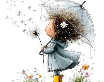 22 imágenes prediseñadas de una linda niña con un diente de león, niña caprichosa, diente de león soplando, acuarela imprimible, JPG de alta calidad, manualidades en papel, diario de recortes