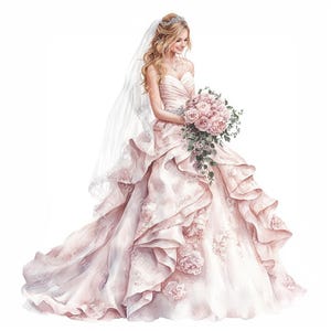 20 Wedding Clipart, Romantic Bride, Wedding Bridal Gown Clipart, Printable Watercolor, High-Quality JPGs, Paper Craft, Junk Journal
