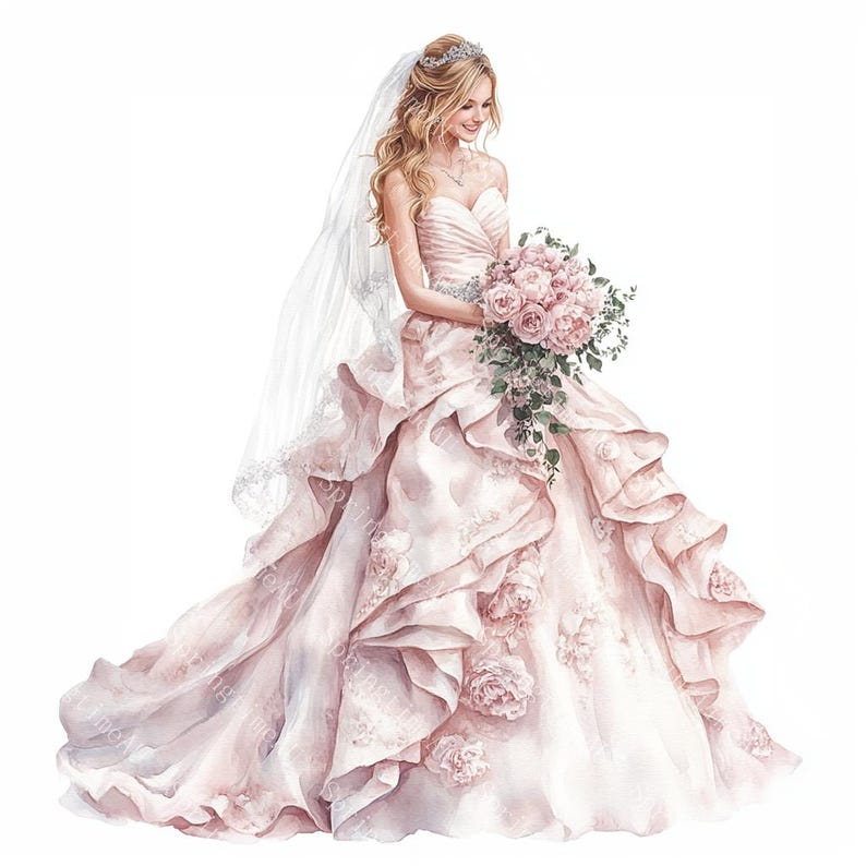 20 Wedding Clipart, Romantic Bride, Wedding Bridal Gown Clipart, Printable Watercolor, High-Quality JPGs, Paper Craft, Junk Journal