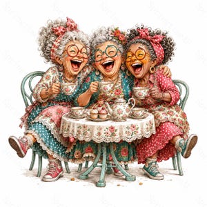 Puede incluir: Tres personas mayores con cabello gris rizado, que usan anteojos y vestidos florales con delantales de lunares, se sientan a una pequeña mesa redonda. Se ríen mientras sostienen tazas de té, con una tetera y pastelitos en la mesa.