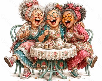 15 Funny Tea Grandma Friends Clipart, Whimsical Big Eye Watercolor JPG, Tea Party Ladies, Birthday Sublimation, Digital Download