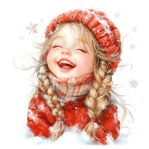 20 imágenes prediseñadas de lindas chicas sonrientes de invierno, chica divertida, vacaciones de invierno, acuarela imprimible, archivos JPG de alta calidad, manualidades de papel, diario basura