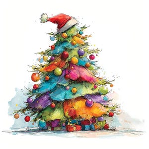 Könnte beinhalten: Aquarell-Illustration eines Weihnachtsbaums mit Weihnachtsmütze. Der Baum ist mit bunten Kugeln und verpackten Geschenken an der Basis geschmückt. Die Äste des Baumes sind in leuchtenden Farben von Grün, Blau, Orange und Lila gemalt.