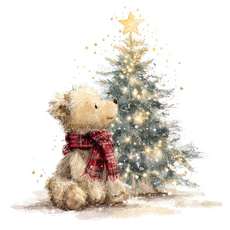 16 Teddy Bear with Christmas Tree Clipart, Baby Bear, Christmas Card, Printable Watercolor, High-Quality PNG/JPGs, Papercraft, Junk Journal