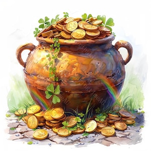 12 pot met goud clipart, regenboog pot met goud, St. Patrick's Day, afdrukbare aquarel, hoogwaardige JPG's, Paper Craft, Junk Journal