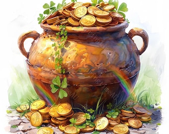 12 Topf voller Gold Clipart, Regenbogen Topf voller Gold, St. Patrick's Day, druckbares Aquarell, hochwertige JPGs, Papiermodelle, Junk Journal