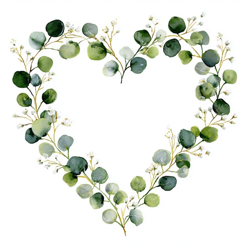 18 Greenery Heart Wreath Clipart, Eucalyptus Frame, Floral heart, Printable Watercolor, High-Quality JPGs, Papercraft, Junk Journal