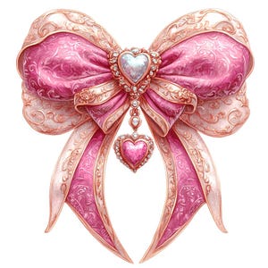 May include: A pink satin bow with gold accents and a heart-shaped pendant with a pink gem. The pendant is attached to a chain with a smaller heart-shaped gem.