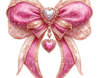 Puede incluir: Un lazo de satén rosa con detalles dorados y un colgante en forma de corazón con una gema rosa. El colgante está unido a una cadena con una gema más pequeña en forma de corazón.