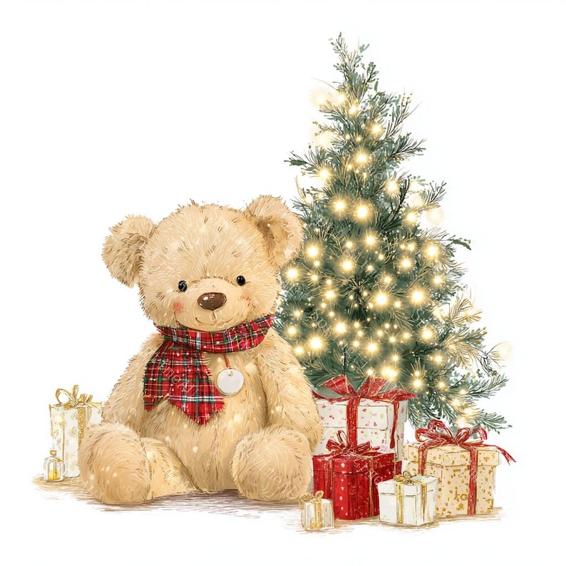 16 Teddy Bear with Christmas Tree Clipart, Baby Bear, Christmas Card, Printable Watercolor, High-Quality PNG/JPGs, Papercraft, Junk Journal