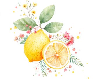 16 Lemon Blossom Clipart, Yellow Citrus, Lemon Branch, Printable Watercolor, High-Quality JPGs, Paper Craft, Junk Journal, Digital Download