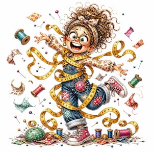 May include: A cartoon illustration of a joyful person with curly brown hair wearing round glasses, a floral headband, and denim overalls with patches. A yellow measuring tape wraps around the body, surrounded by sewing pins, spools of thread, and fabric scraps.