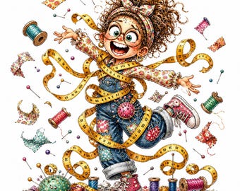 16 Quirky Sewing Room Chaos Clipart, Funny Seamstress Art, Sewing Lady, Fabric Hoarder Craft Art, Digital Download, Commercial Use